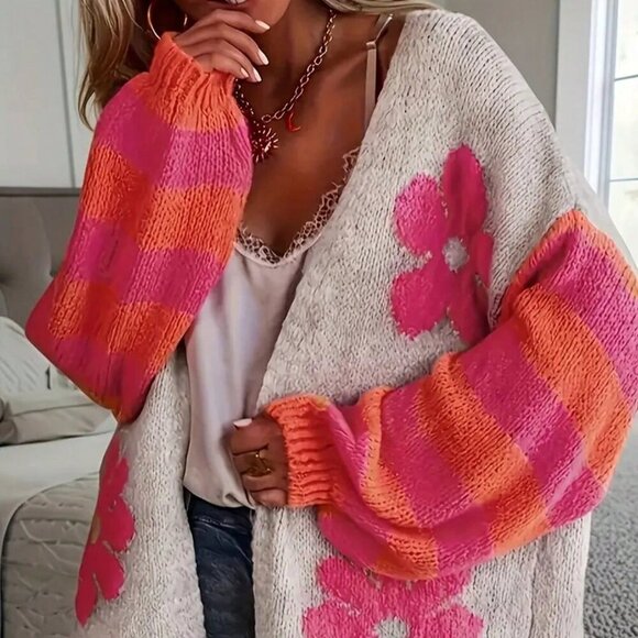 Multicolor Casual Women's Elegant Floral Print Knit Oversized V-Neck Cardigan - Picture 1 of 4